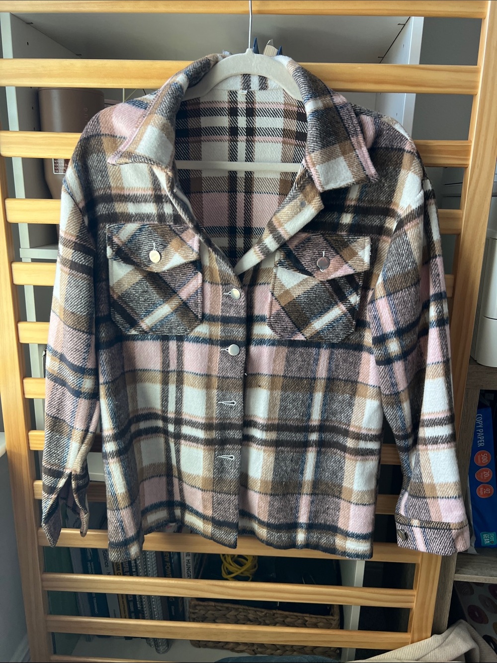 Plaid Shacket Jacket in Pink, Brown & Cream